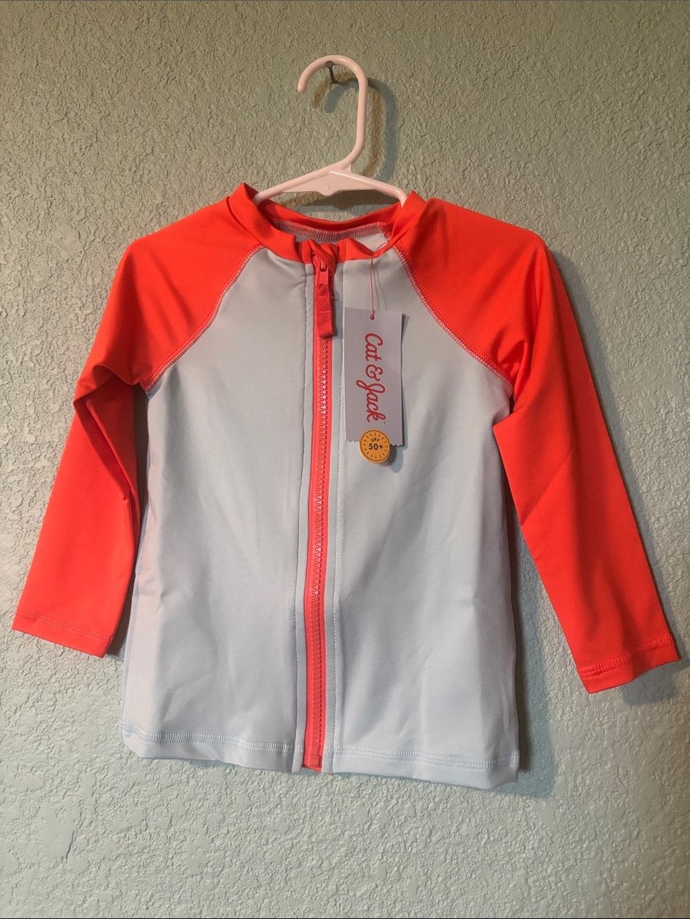 Cat & Jack Kids Coral Sleeve and Light Blue Front Zip Rash Guard, 3T - NWT
